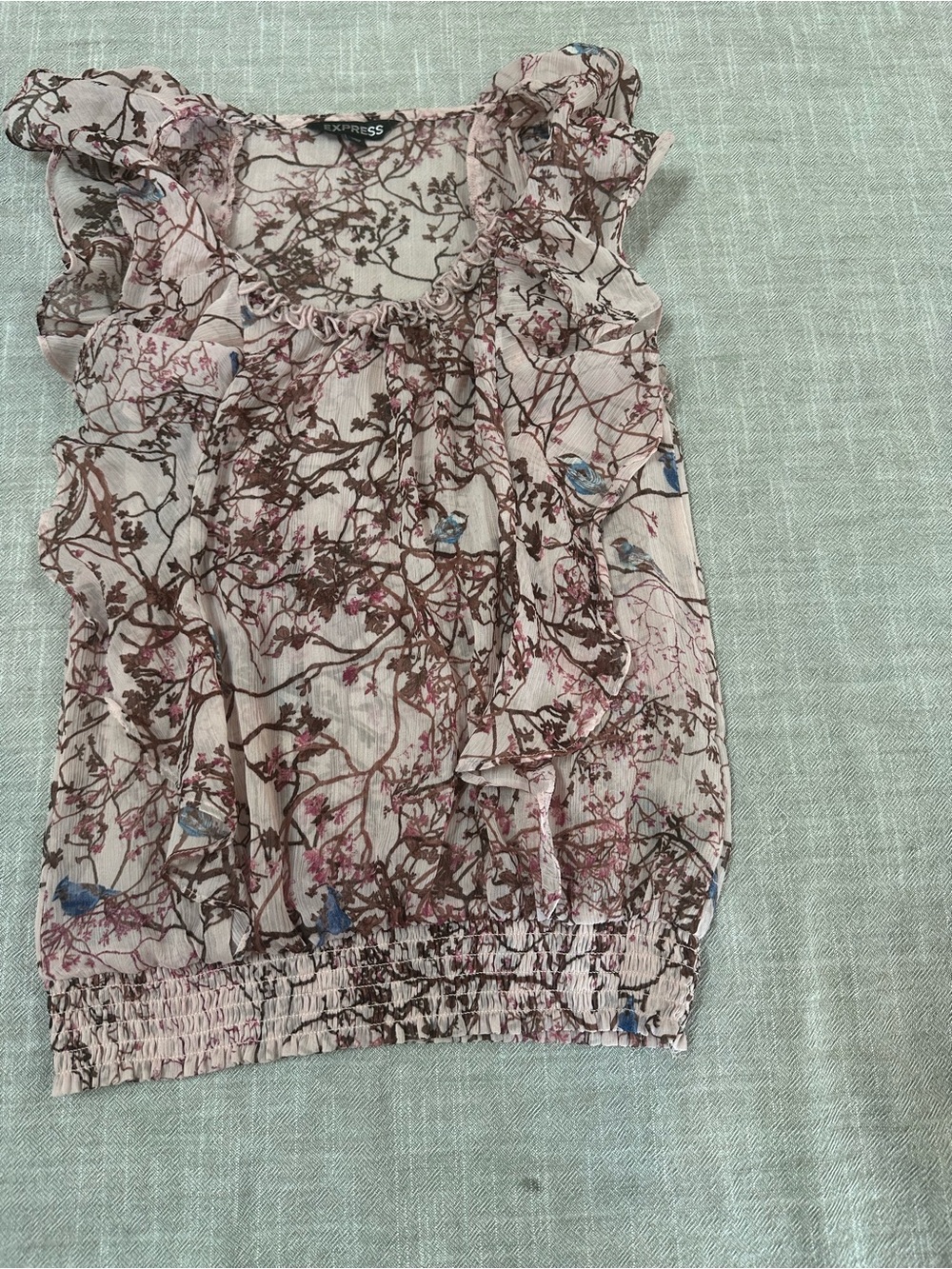 Express Sheer Floral Blouse - Pink with Brown & Blue Accents